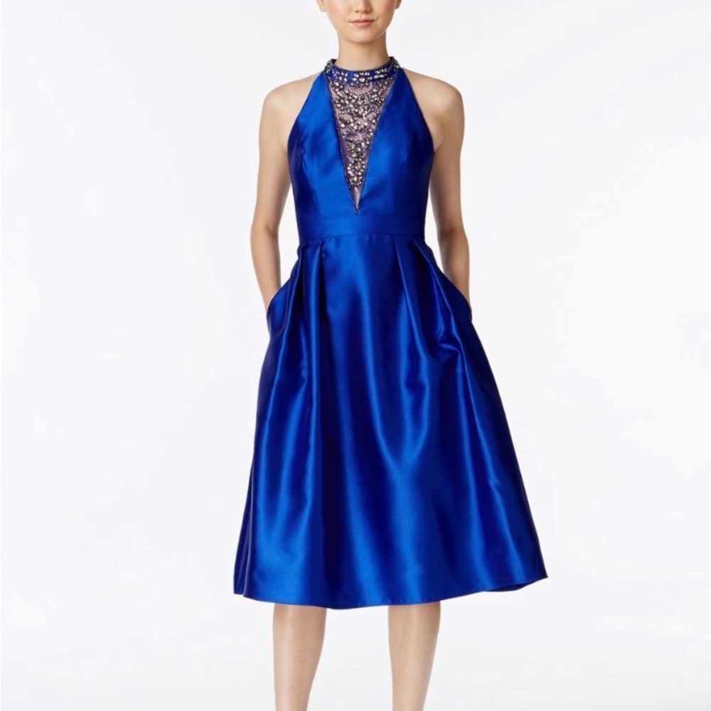 Adrianna Papell midi beaded illusion neckline cocktail dress